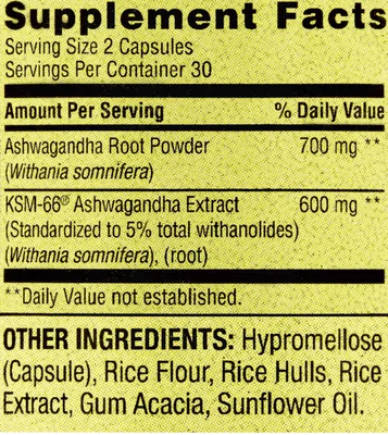 Ashwagandha Extra Strength 1300mg, 60 Cápsulas, Spring Valley