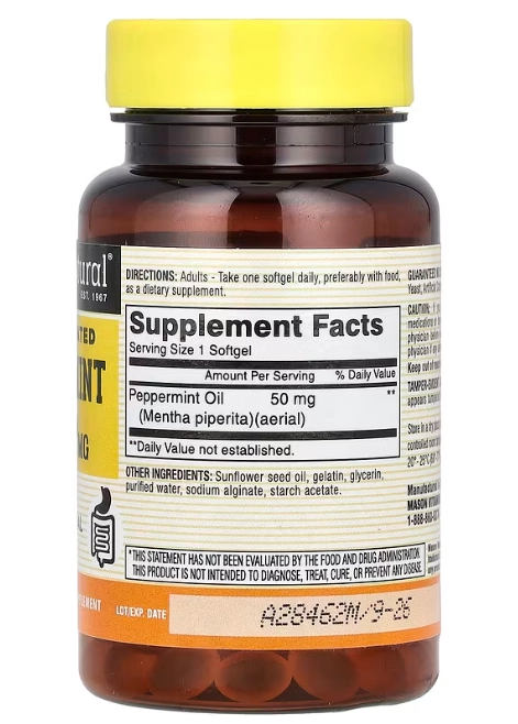 Peppermint Oil, Óleo de Hortelã-Pimenta 50mg, 90 Cápsulas, Mason Natural