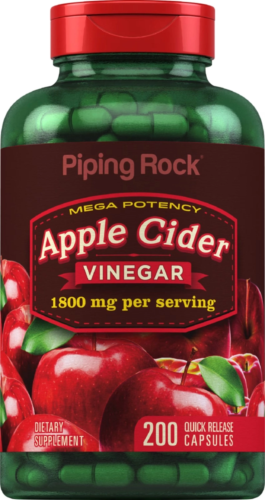 Apple Cider Vinegar Mega Potency 1800mg, Vinagre de Maçã, 200 Cápsulas, PipingRock