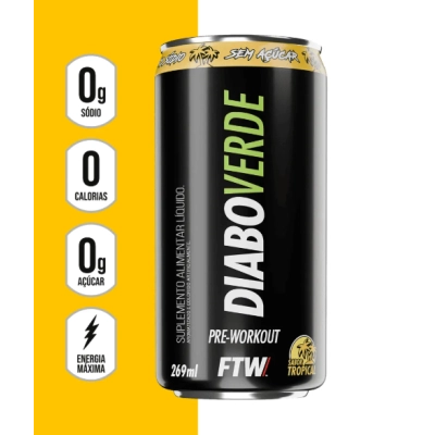 Energético Diabo Verde, Pre-Workout em Lata, 3 Unidades, 269ml cada, Sabores, FTW