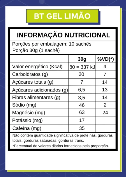 BT Gel, Sabor Limão, Com Cafeína, 30g cada, Caixa com 10, Dobro