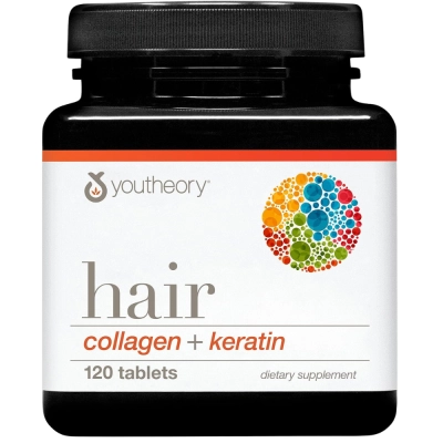 Hair Collagen + Keratin, Peptídeos de Colágeno Hidrolisado, 120 Tablets,  Youtheory 