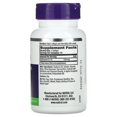 Coenzima CoQ10, 100 mg, 45 Cápsulas Softgel