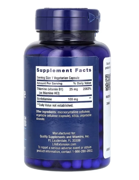 Benfotiamina com Tiamina, 100mg, 120 Cápsulas, Life Extension