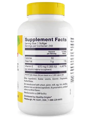 Vitamina E 1000UI, 240 Softgels, Healthy Origins