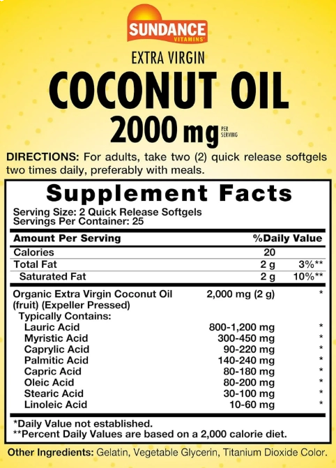 Coconut Oil, Óleo de Coco, 2000mg, 50 Cápsulas, Sundance