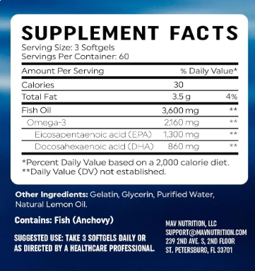Ômega 3, Fish Oil 3600mg, EPA 1300mg  DHA 860mg, 180 Cápsulas, Mav Nutrition