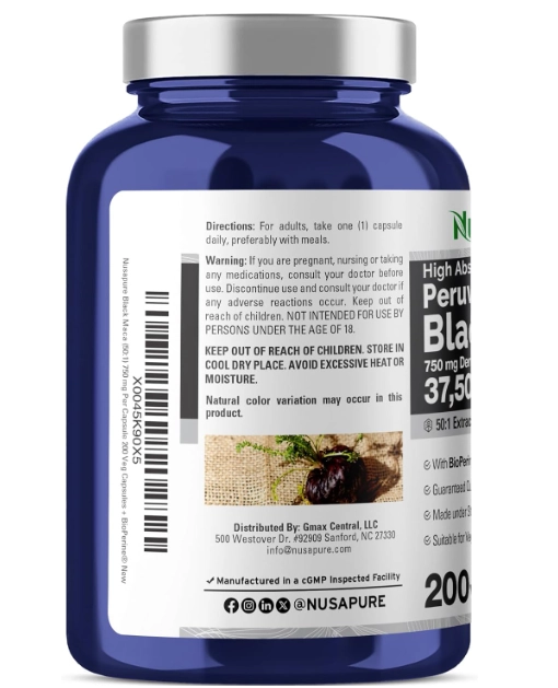 Black Maca Root, 750mg, 200 Cápsulas, NusaPure