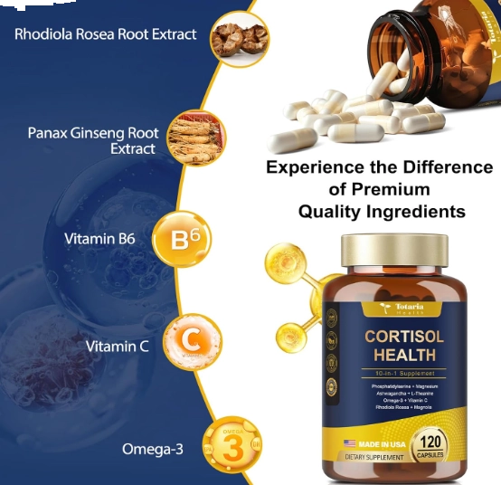 Cortisol com Ashwagandha, Magnésio, Rhodiola Rosea, L Teanina, Equilíbrio Hormona, 120 Cápsulas, Totaria