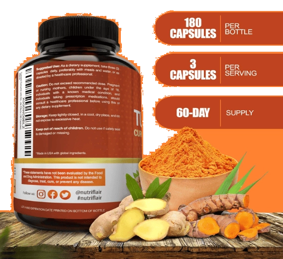 Cúrcuma Premium 2250mg, Turmeric com BioPerine, Ginger e  Black Pepper, 180 Cápsulas, NutriFlair