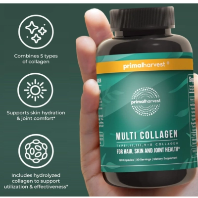 Multi Collagen Tipos I, II, III, V, X,  120 Cápsulas, Primal Harvest