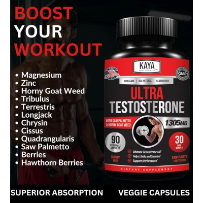 Ultra Testosterone com ongkat Ali, Horny Goat Weed e Tribulus, 180 Cápsulas, Kaya Naturals