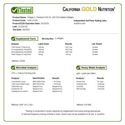 Ômega-3 180mg EPA - 120mg DHA, Óleo de Peixe Premium, 240 Cápsulas, California Gold Nutrition