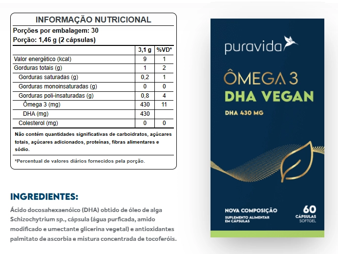Ômega-3 DHA vegano, 100% Veget, 60 Cápsulas, PuraVida