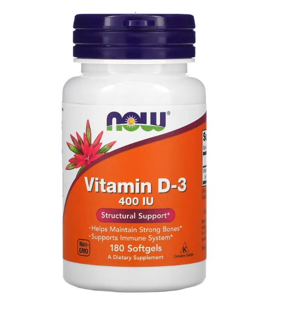 Vitamina D-3, 400 UI, 180 cápsulas, Now