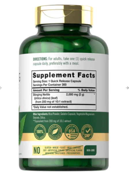 Stinging Nettle Leaf Extract, Folha de Urtiga 2000mg, 300 Cápsulas, Carlyle
