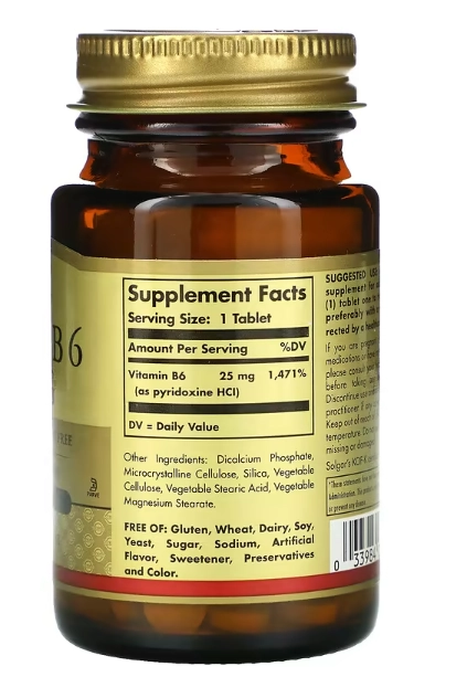 Vitamina B6, 25 mg, 100 Comprimidos, Solgar