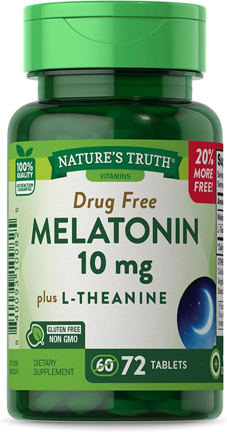 Melatonina 10mg, Maximum Strength, Com L-teanina, 72 Tablets, Nature's Truth