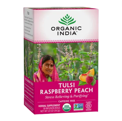 Chá Tulsi (Framboesa e Pêssego), Desestresse e Purificação, 18 Sachês, Organic India