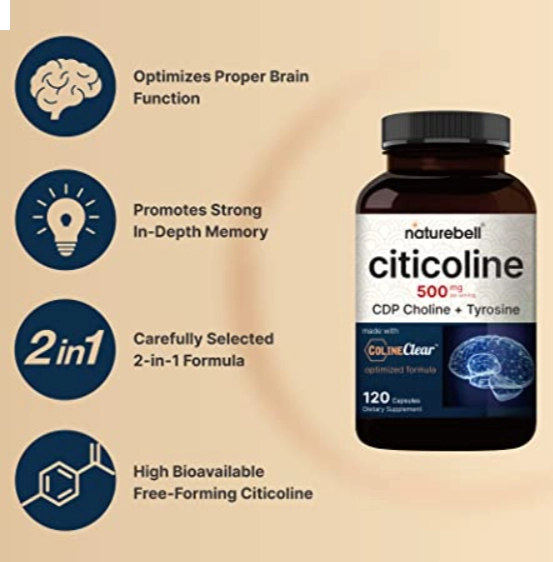 Citicoline CDP Choline 500mg, + Tirosina 50mg, 120 Cápsulas, NatureBell