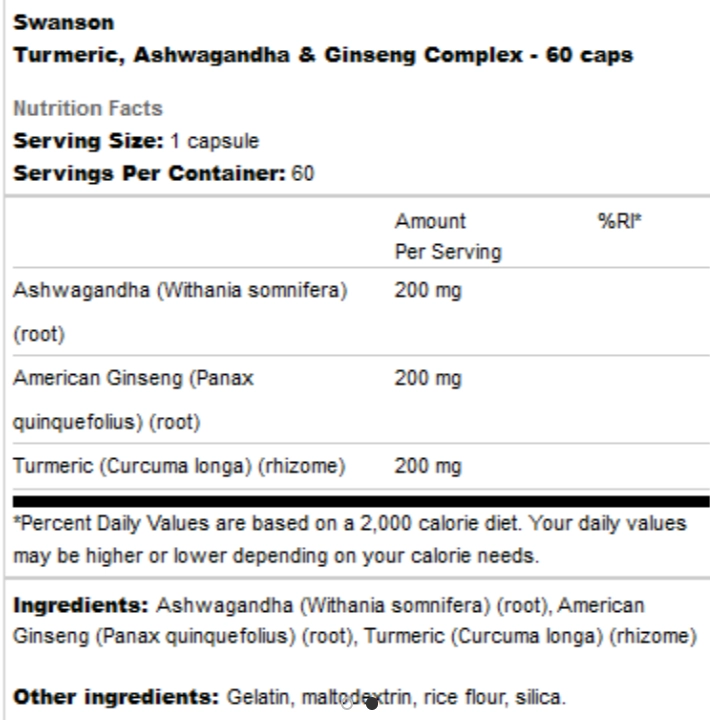 Turmeric, Ashwagandha e Ginseng complex, 60 Cápsulas, Swanson