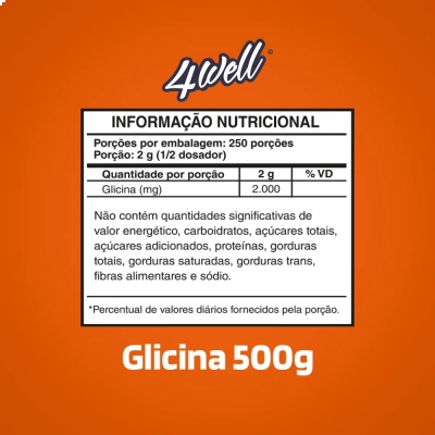 Glicina em pó 100%, 500g, Sem Sabor, 4Well