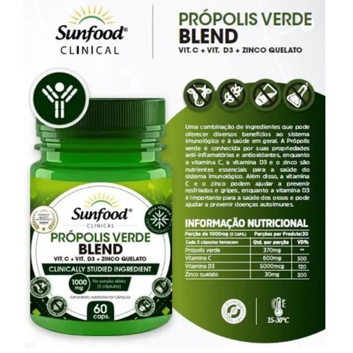 Própolis Verde Blend, 1000mg, 60 Cápsulas, Sunfood