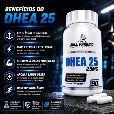 Suplemento DHEA 25mg, Suporte Hormonal e Vitalidade, Energia e Bem-Estar, 90 Cápsulas, Bullpharma