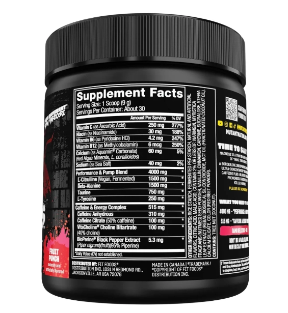 Pré Treino Madness, Desempenho Em Pó, 270g Sabor Fruit Punch, Mutant