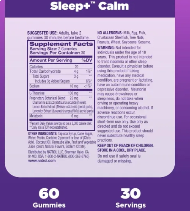 Sleep+ Calm, Melatonina 6mg, L-teanina 100mg, 60 Gomas, Natrol