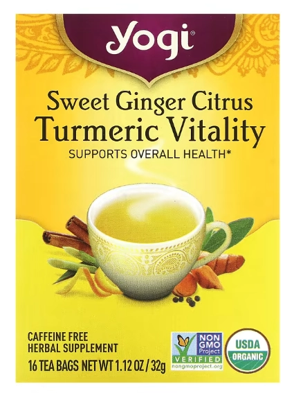Chá Turmeric Vitality de Gengibre Cítrico e Doce, Sem Cafeína, 16 Saquinhos, 32g, Yogi 
