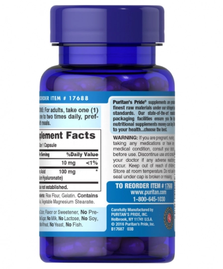 Hyaluronic Acid, Ácido Hialuronico 100mg, 60 Cápsulas, Puritan's Pride