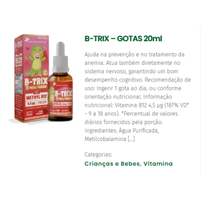 Kit 3 Unidades, B-TRIX Metilcobalamina (Vitamina B12 Infantil) Sabor Morango, 20ml - Flora Nativa do Brasil
