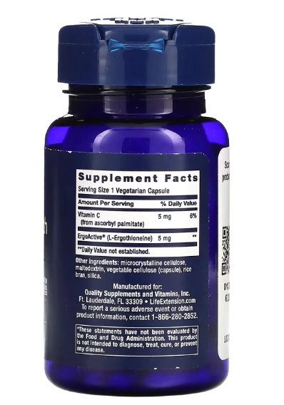 L-ergothioneine, Essencial para a Juventude, 5mg, 30 Cápsulas, Life Extension