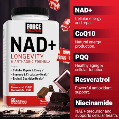 NAD+ Longevity And Anti-Aging Formula, 60 Soft Chews (Chocolate), Force Factor