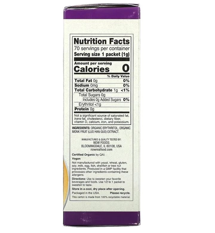 Adoçante com Zero Calorias, Orgânico de Fruta de Monge,  70 Pacotes, 70g, Now