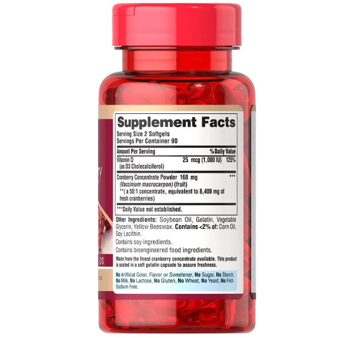 Cranberry Concentrate Plus com D3, 180 Cápsulas, Puritans Pride