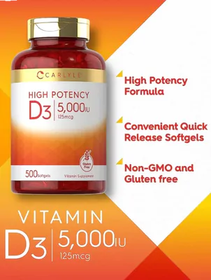 Vitamina D-3 5000UI, 500 cápsulas, Carlyle