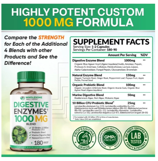 Disgestive Enzymes, Enzimas De Bem-esta 1000mg, 180 Cápsulas, Wholesome Wellness
