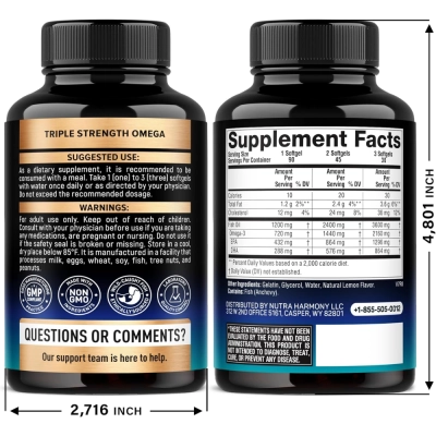 Omega 3 Fish Oil, 3600mg, 90 Softgels, Nutraharmony 