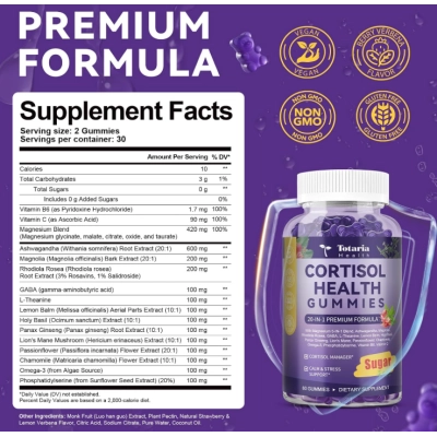 Cortisol Health, Formula 20 em 1 Com Ashwagandha, Rhodiola e Magnésio, 60 Gomas, Totaria Health