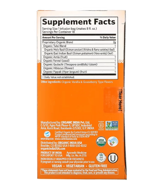 Chá Suporte Imunológico, Tulsi Immune, Sem Cafeína, 18 Saches, Organic India, Sabores