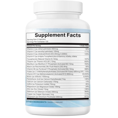 Multivitamínico Metilado Puro, Fórmula 19 em 1 com Vitaminas C, D, B12, Folato, Magnésio e Zinco, 40 Cápsulas, Micro Ing
