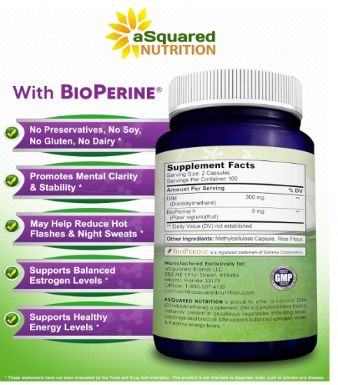 DIM 300mg Com BioPerine, 200 Cápsulas, aSquared Nutrition