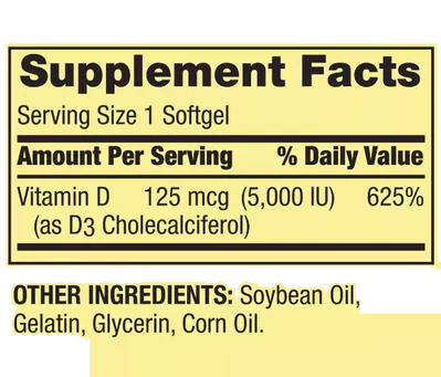 Vitamina D3 5000IU, 250 Cápsulas, Spring Valley