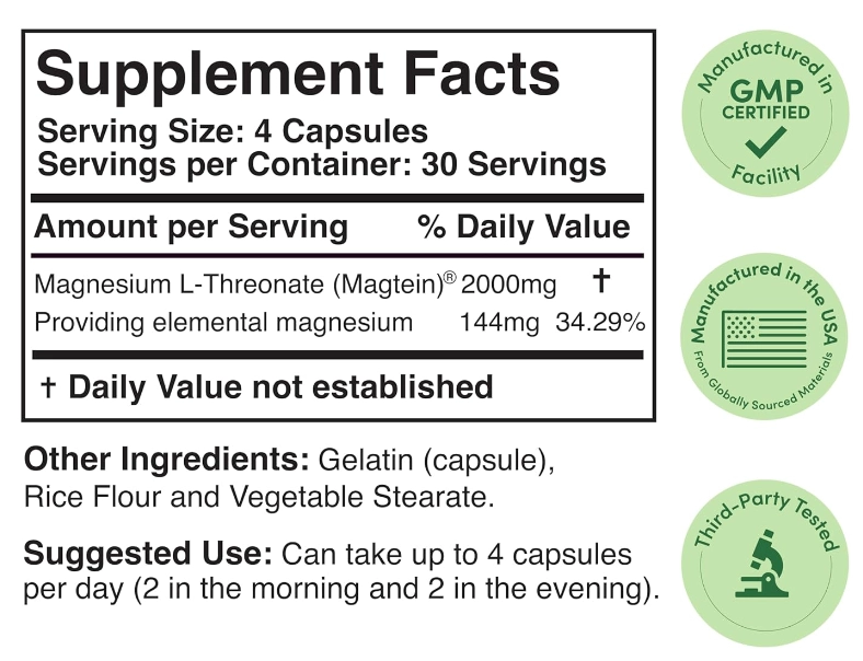 Magtein, Magnésio L-Threonate 2000mg, Suporte para Sono e Cognição, 120 Cápsulas, Double Wood