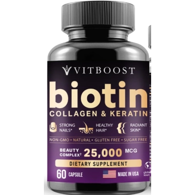 Biotina 25000mcg com Ácido Hialurônico, Colágeno e Queratina, 60 Cápsulas, VitBoost