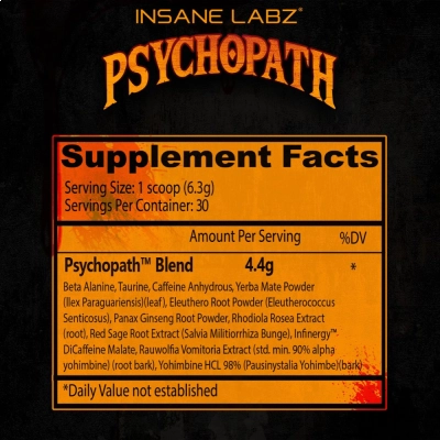 Psychopath, Pré-Treino Sabor Melancia, 186g, 30 doses, Insane Labz