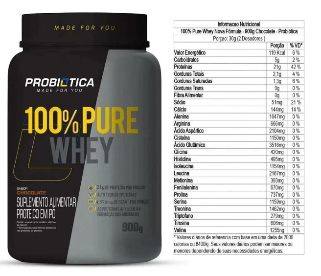 100% Pure Whey, Sabor Cookies & Cream, 900g, Probiotica 