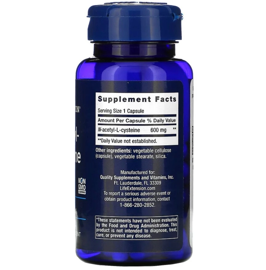 NAC, N-acetil-L-cisteína (Glutationa celular), 600mg, 60 Cápsulas, Life Extension